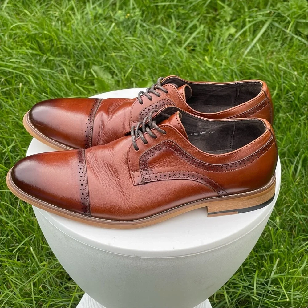 Stacy Adams Dickinson Shoes Mens 7.5 Cognac Brown Lace Up Cap Toe Oxford Dress